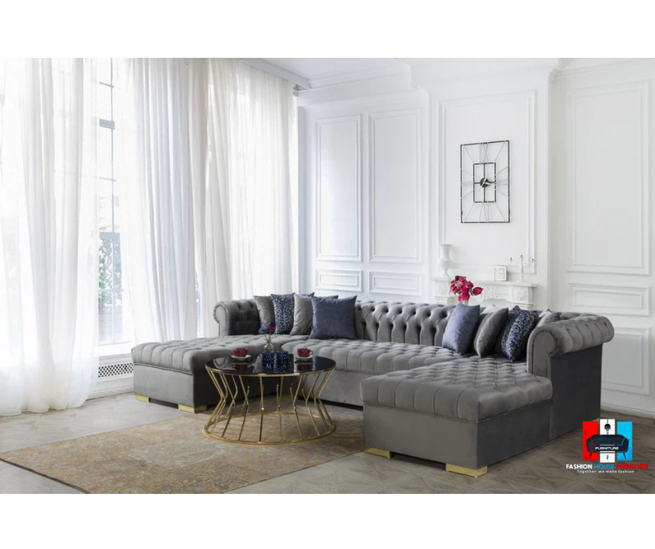 Fashionluxe Lauren Gray Velvet Double Chaise Sectional
